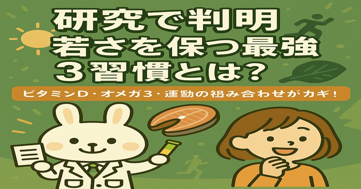 ビタミンD・オメガ3・運動の効果を紹介する健康テーマのイラスト。白衣姿のうさぎ（みどりん）と、オレンジ色の服を着た女性（すずちゃん）が登場し、背景には太陽・魚・ランニングのアイコンが描かれている。
